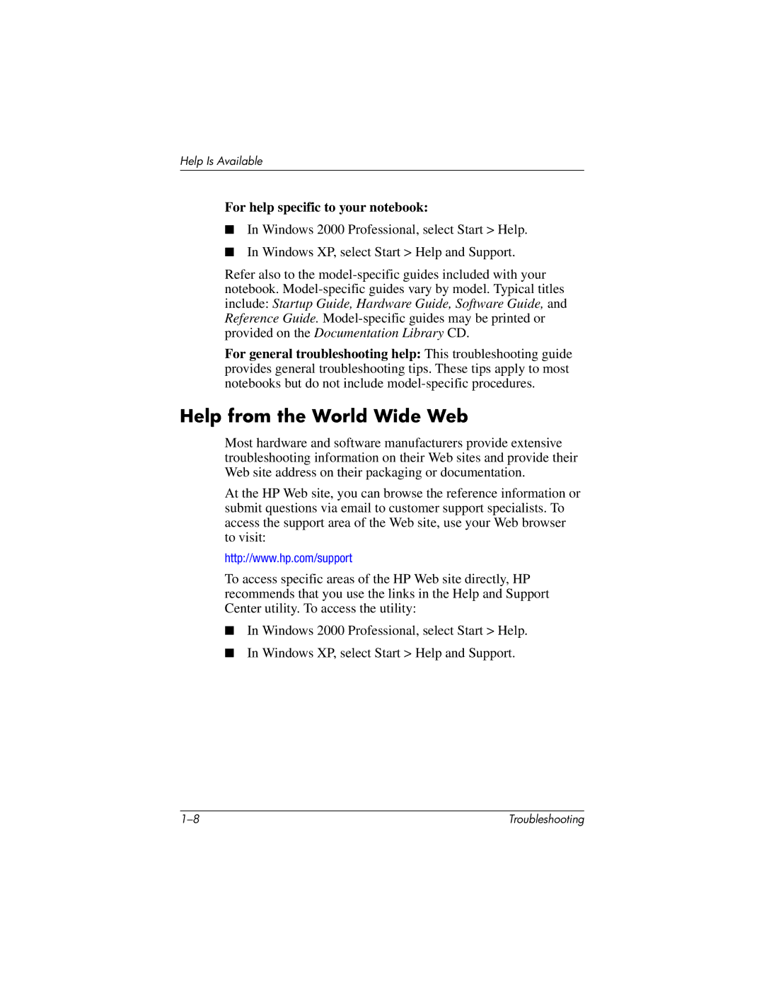 HP 320399-002 manual Help from the World Wide Web, For help specific to your notebook 