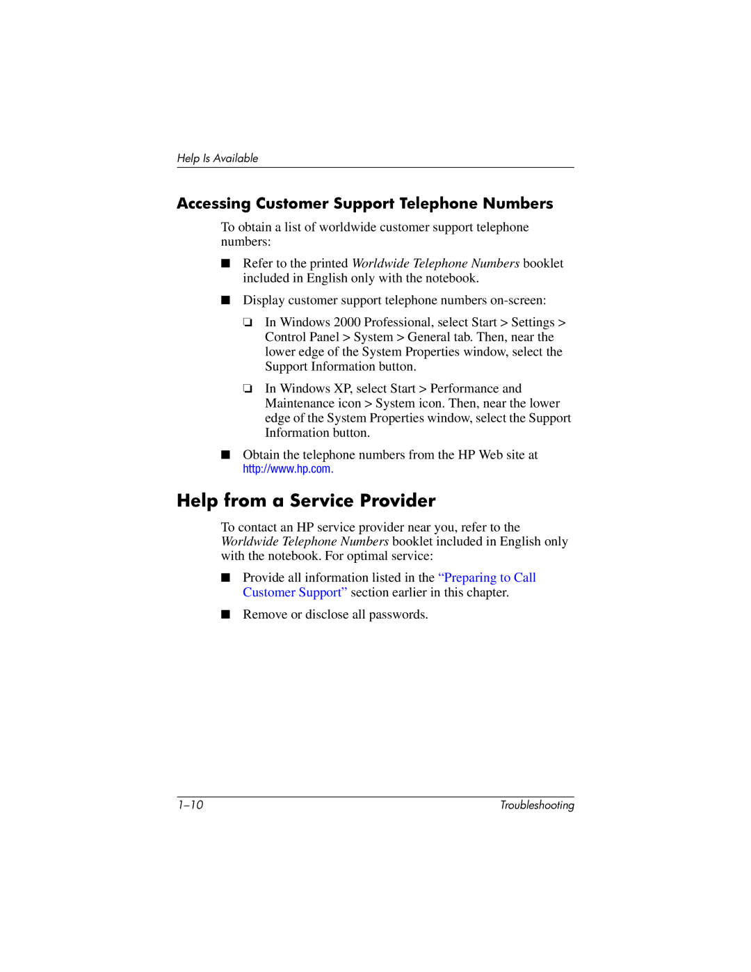 HP 320399-002 manual Help from a Service Provider, Accessing Customer Support Telephone Numbers 