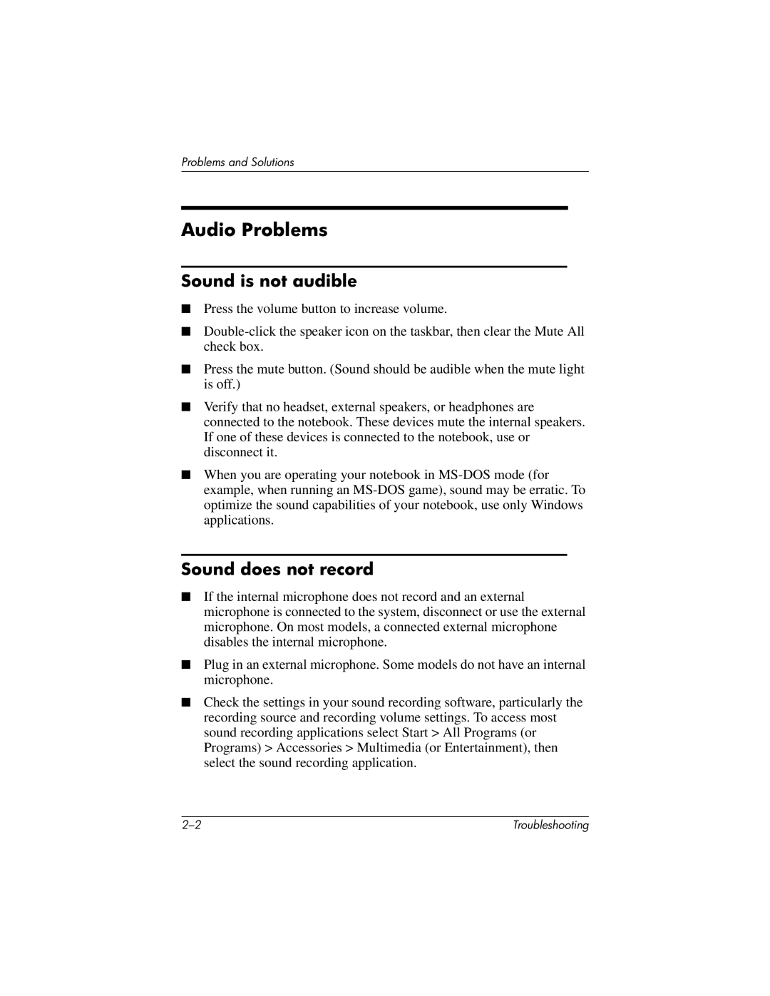 HP 320399-002 manual Audio Problems, Sound is not audible, Sound does not record 