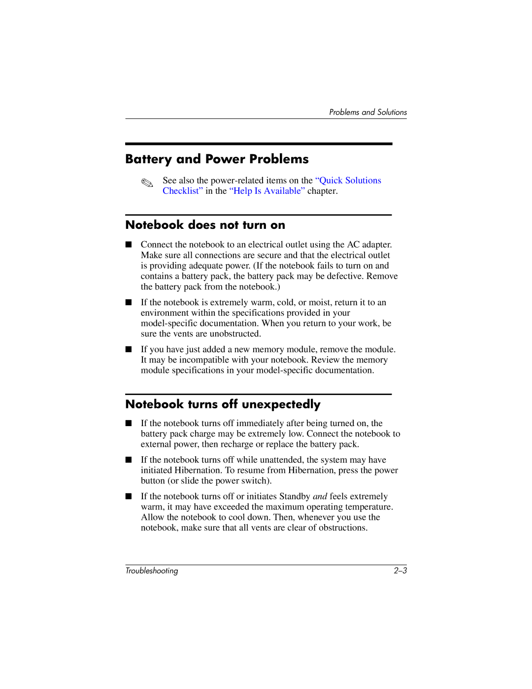 HP 320399-002 manual Battery and Power Problems 