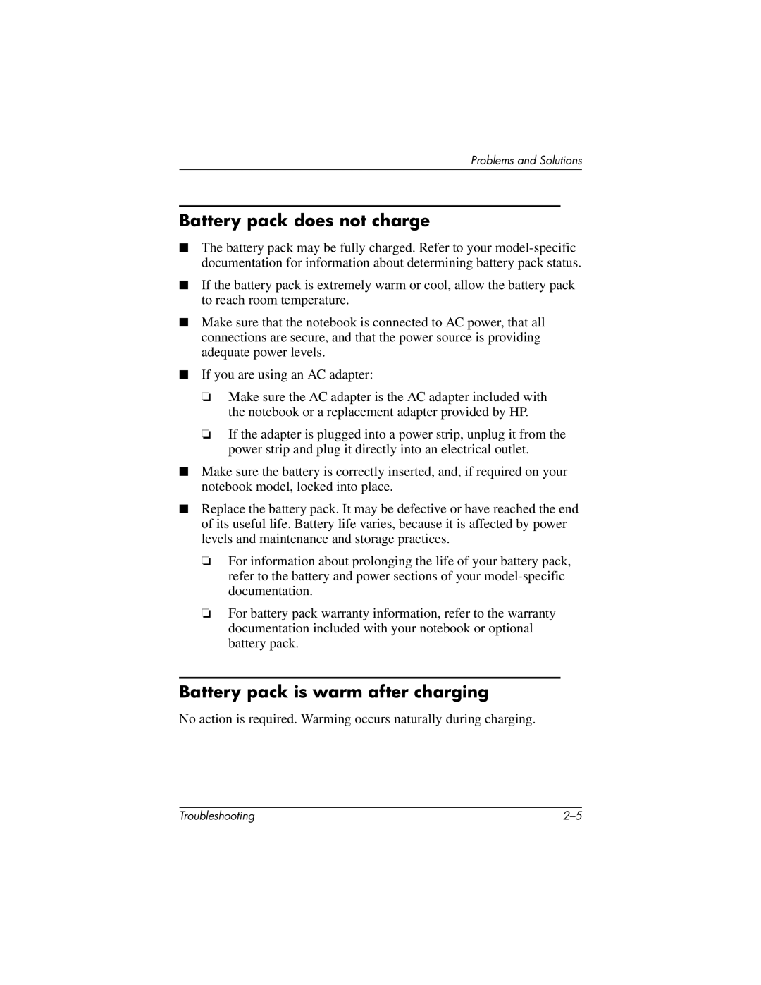 HP 320399-002 manual Battery pack does not charge, Battery pack is warm after charging 