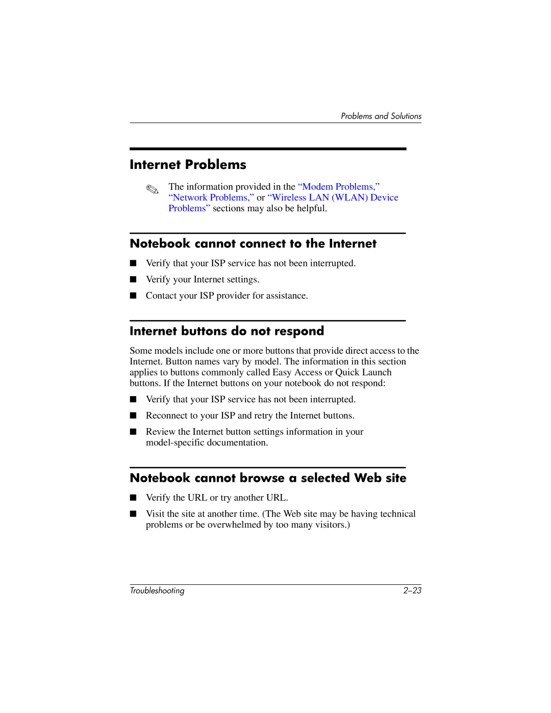 HP 320399-002 manual Internet Problems, Internet buttons do not respond 