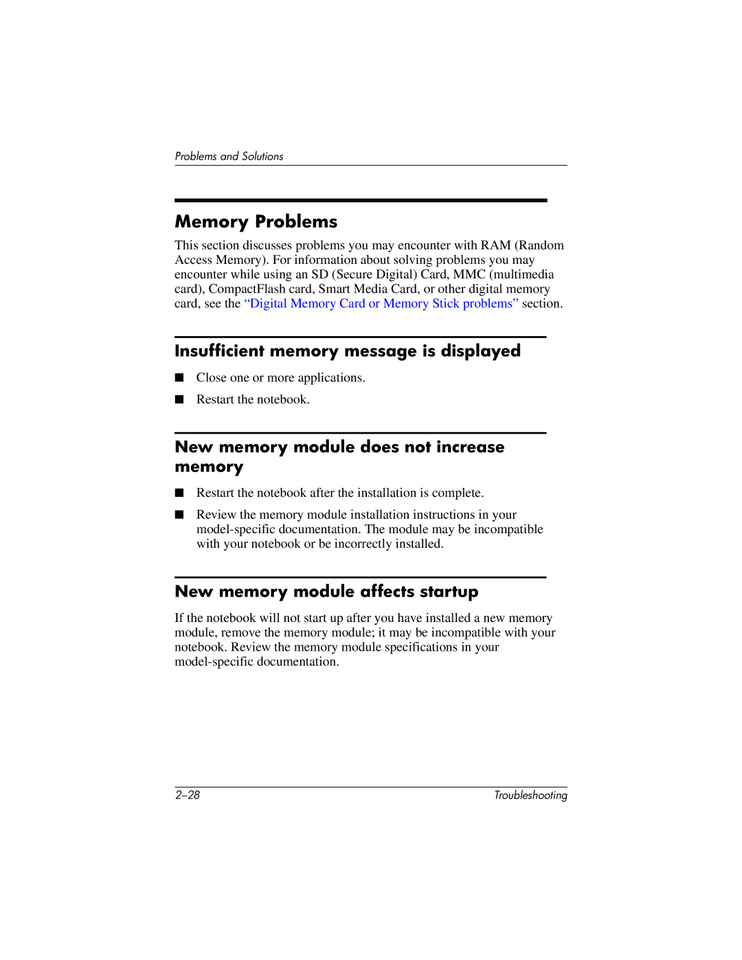 HP 320399-002 manual Memory Problems, Insufficient memory message is displayed, New memory module does not increase memory 