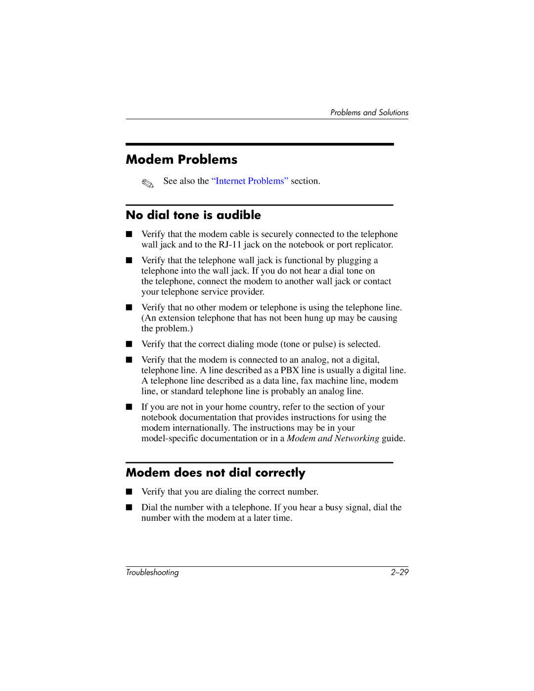 HP 320399-002 manual Modem Problems, No dial tone is audible, Modem does not dial correctly 