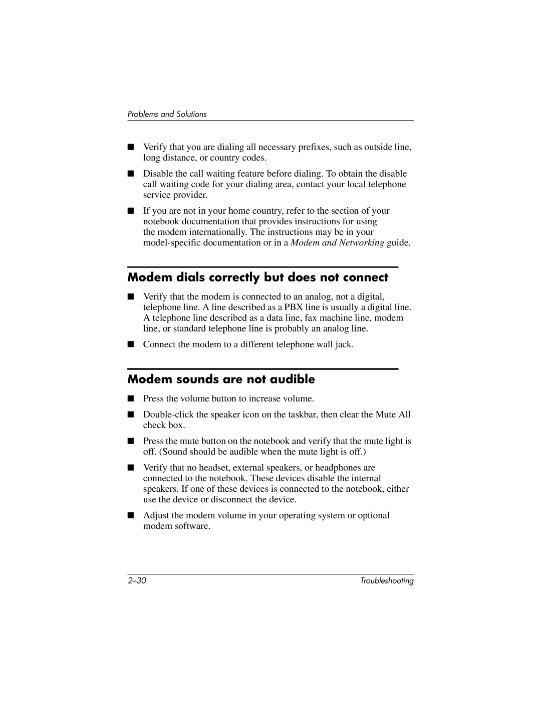 HP 320399-002 manual Modem dials correctly but does not connect, Modem sounds are not audible 