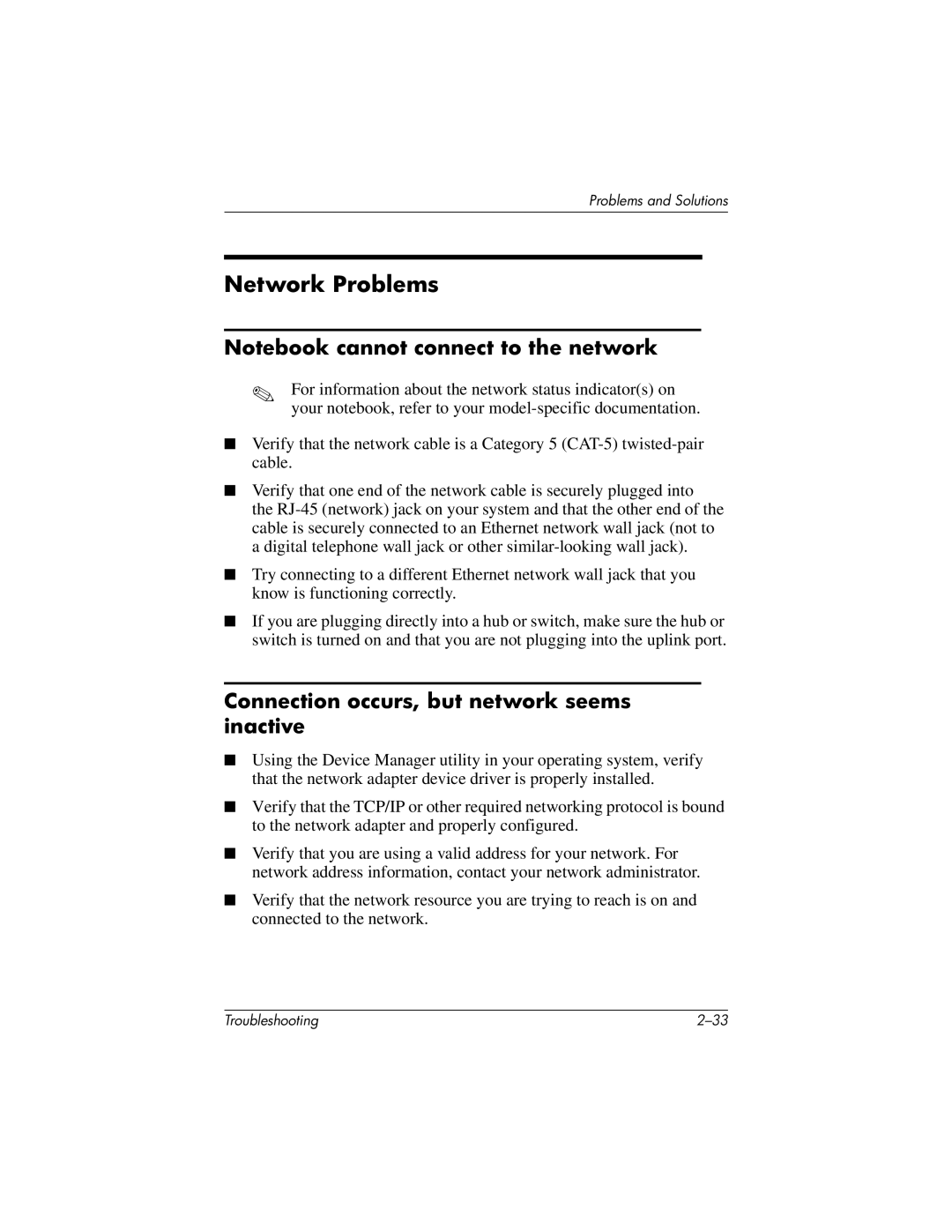 HP 320399-002 manual Network Problems, Connection occurs, but network seems inactive 