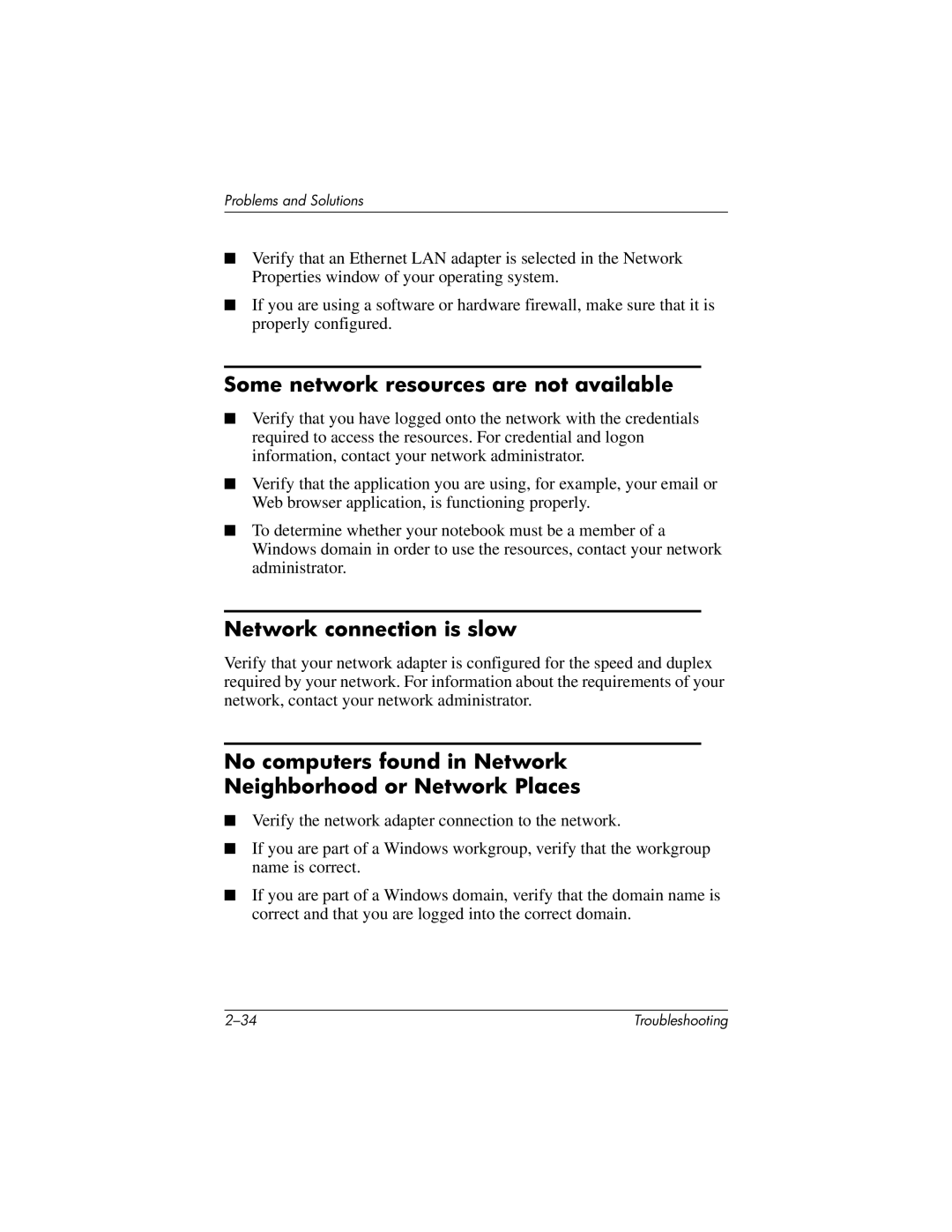 HP 320399-002 manual Some network resources are not available, Network connection is slow 