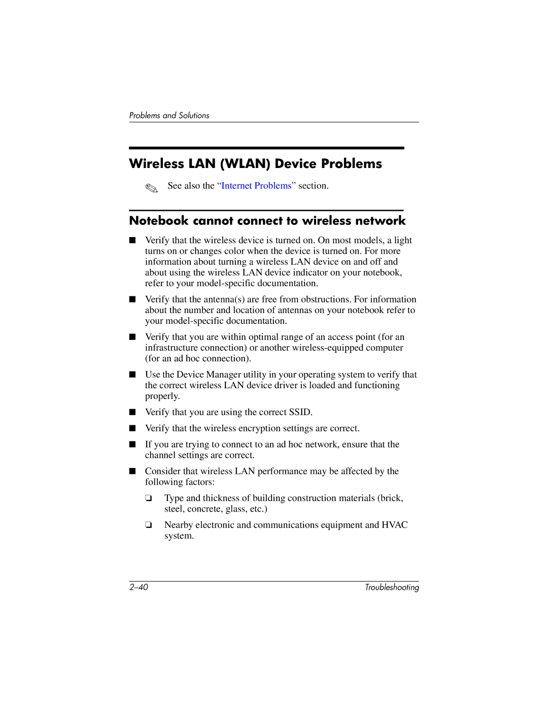 HP 320399-002 manual Wireless LAN Wlan Device Problems 