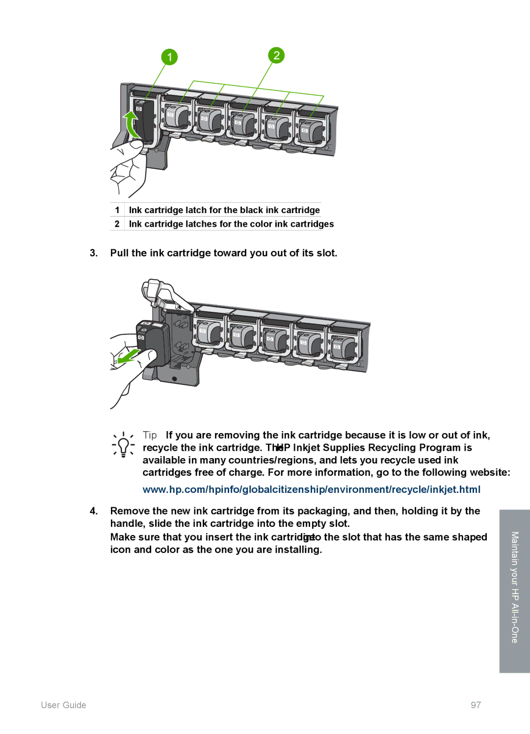 HP 3210v manual Pull the ink cartridge toward you out of its slot 