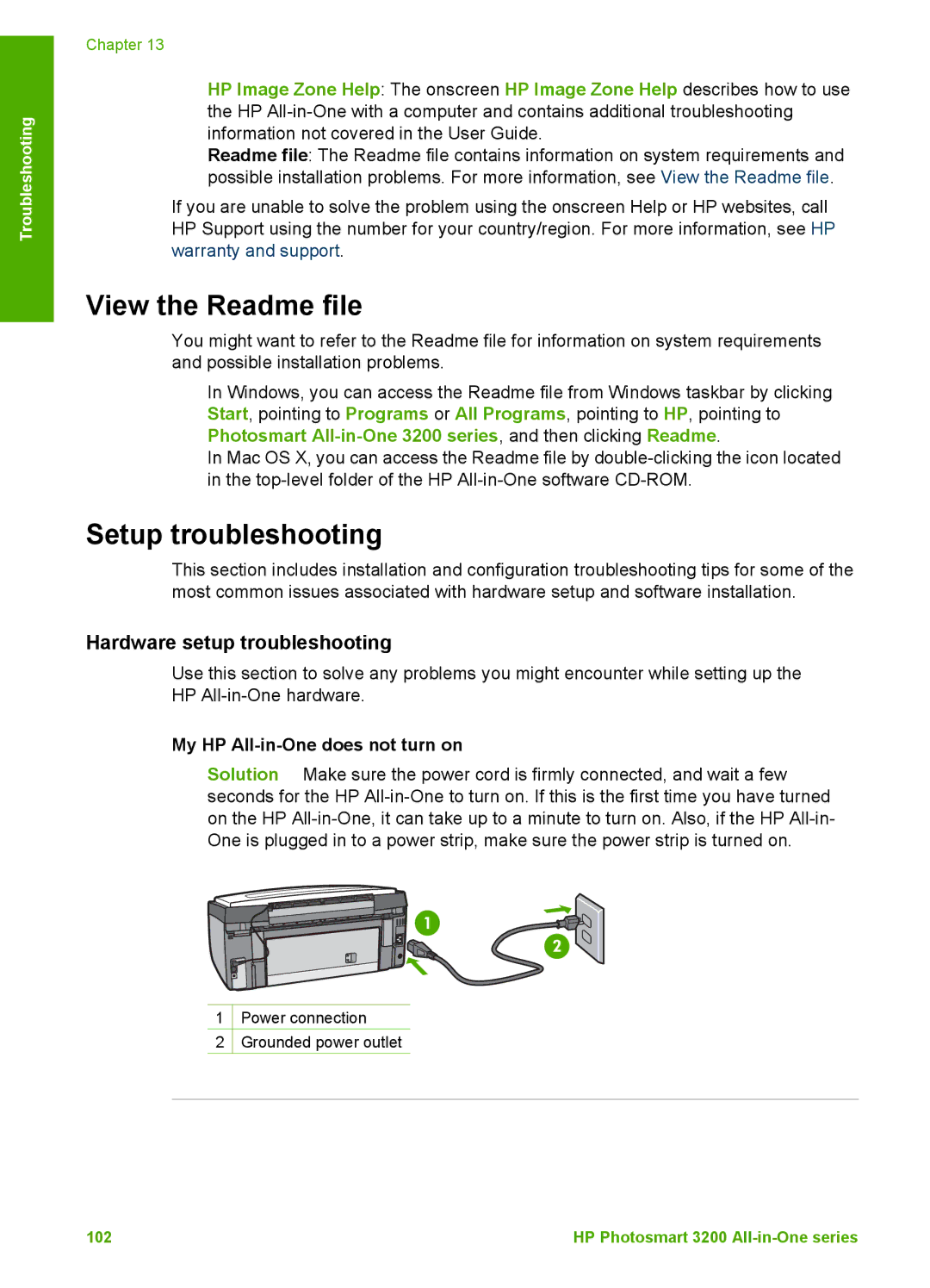 HP 3210 View the Readme file, Setup troubleshooting, Hardware setup troubleshooting, My HP All-in-One does not turn on 