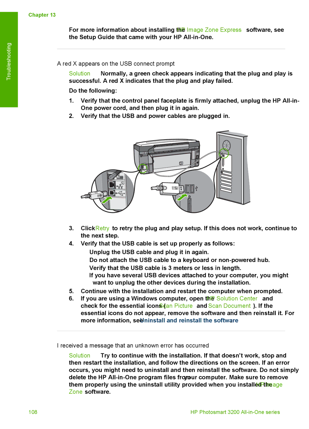 HP 3210v manual Red X appears on the USB connect prompt, Received a message that an unknown error has occurred 