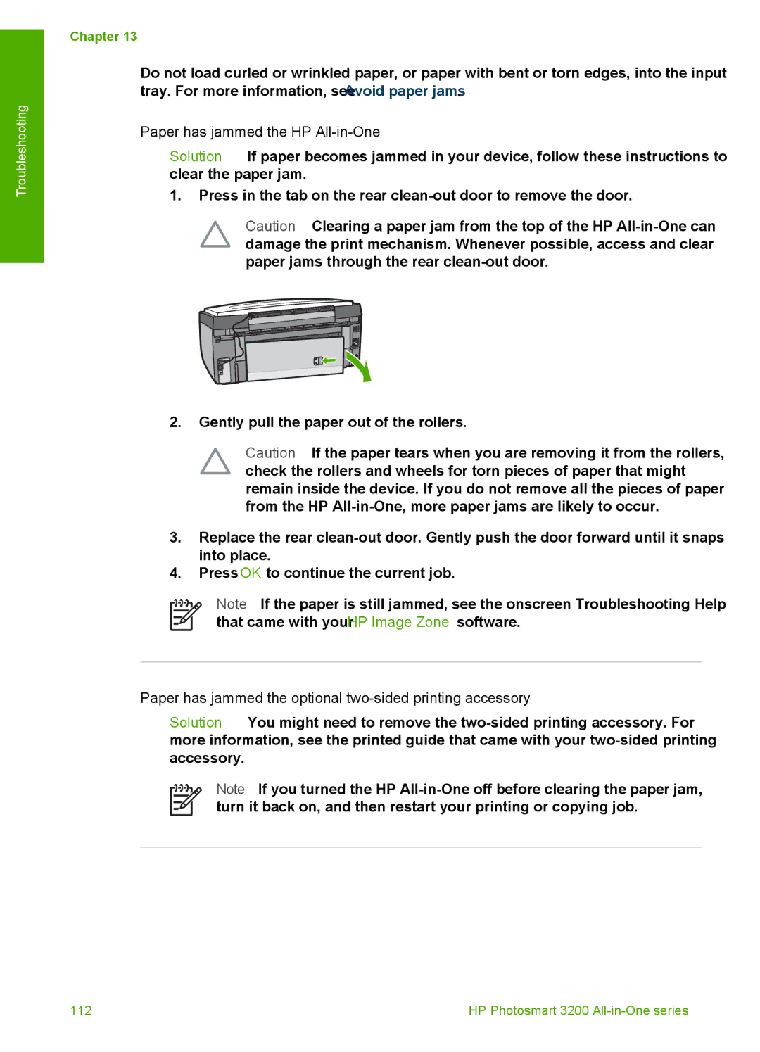 HP 3210v manual Paper has jammed the HP All-in-One, Paper has jammed the optional two-sided printing accessory 