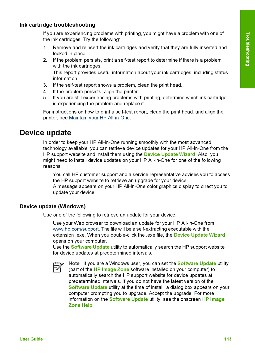 HP 3210v manual Ink cartridge troubleshooting, Device update Windows 