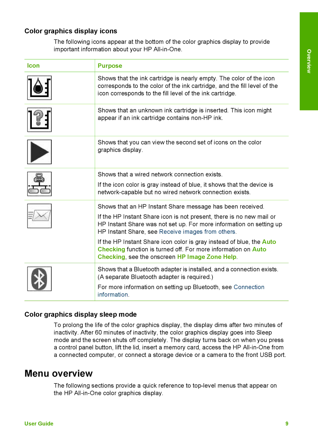 HP 3210v manual Menu overview, Color graphics display icons, Color graphics display sleep mode, Icon Purpose 