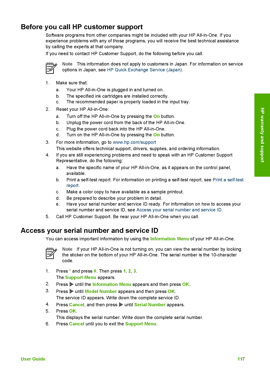 HP 3210v manual Before you call HP customer support, Access your serial number and service ID 