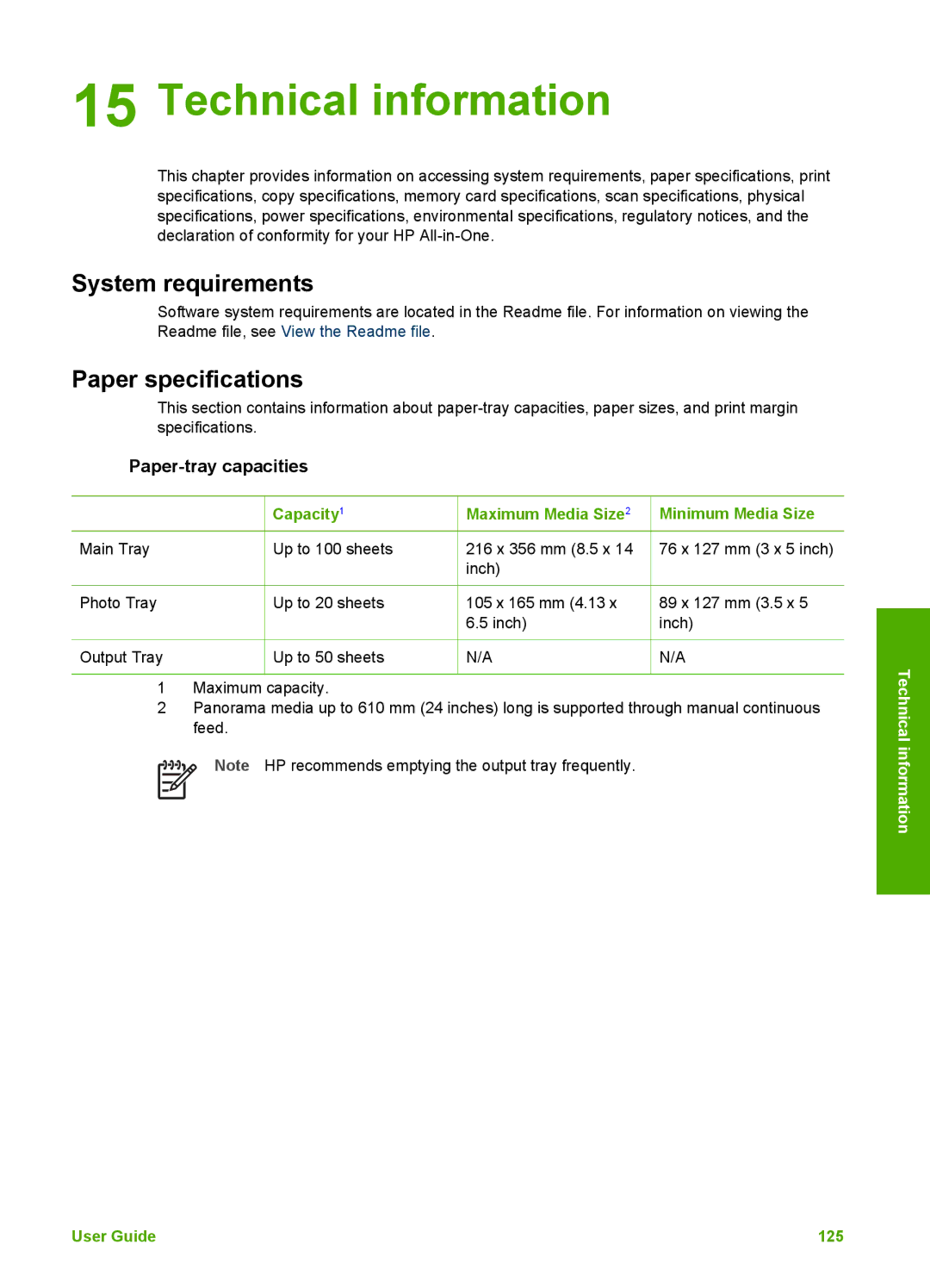 HP 3210v manual Technical information, System requirements, Paper specifications, Paper-tray capacities 