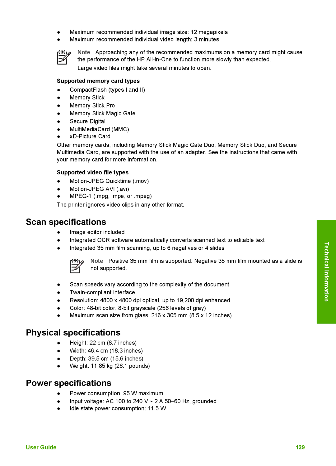 HP 3210v manual Scan specifications, Physical specifications, Power specifications 