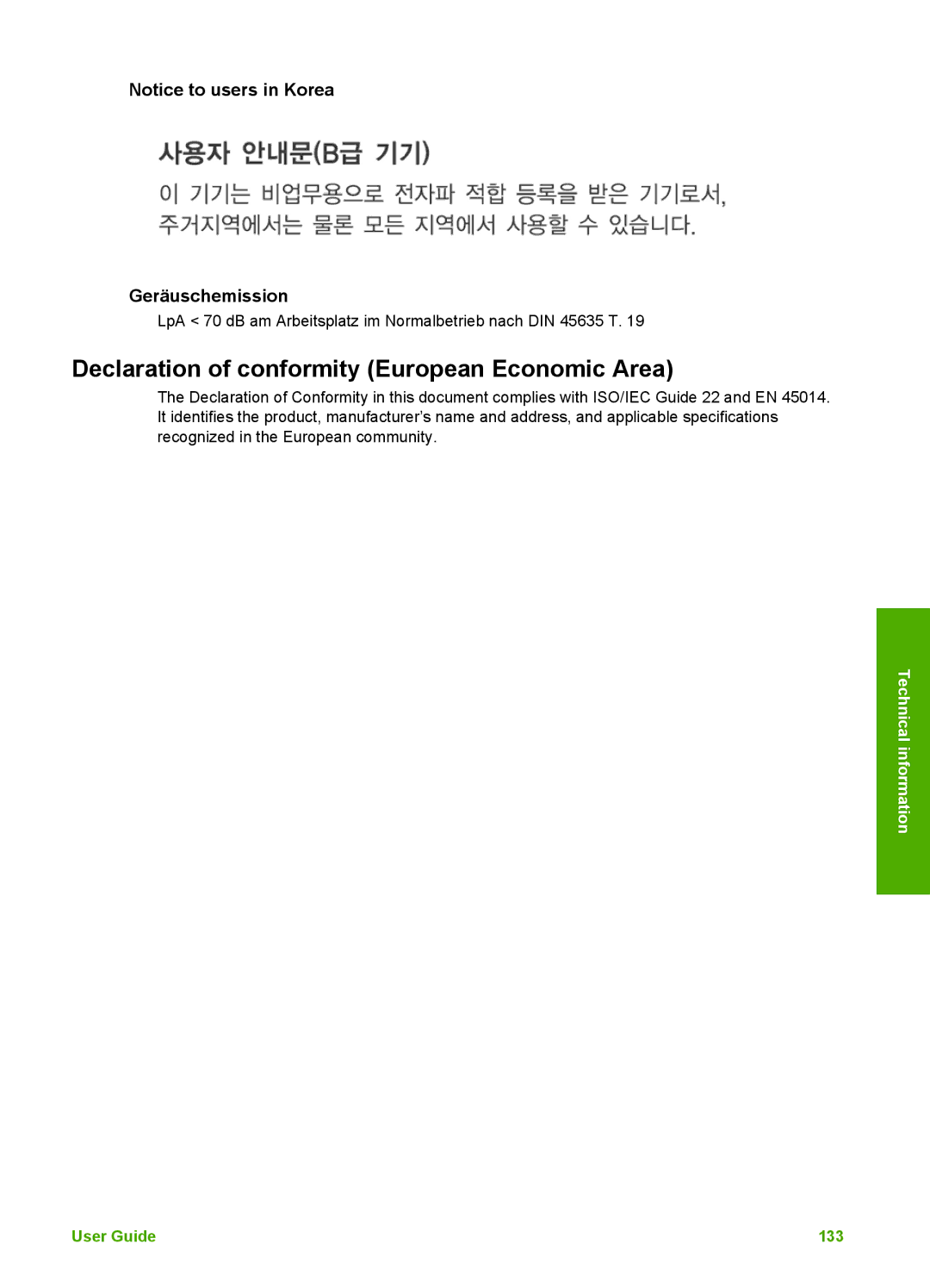 HP 3210v manual Declaration of conformity European Economic Area, Geräuschemission 