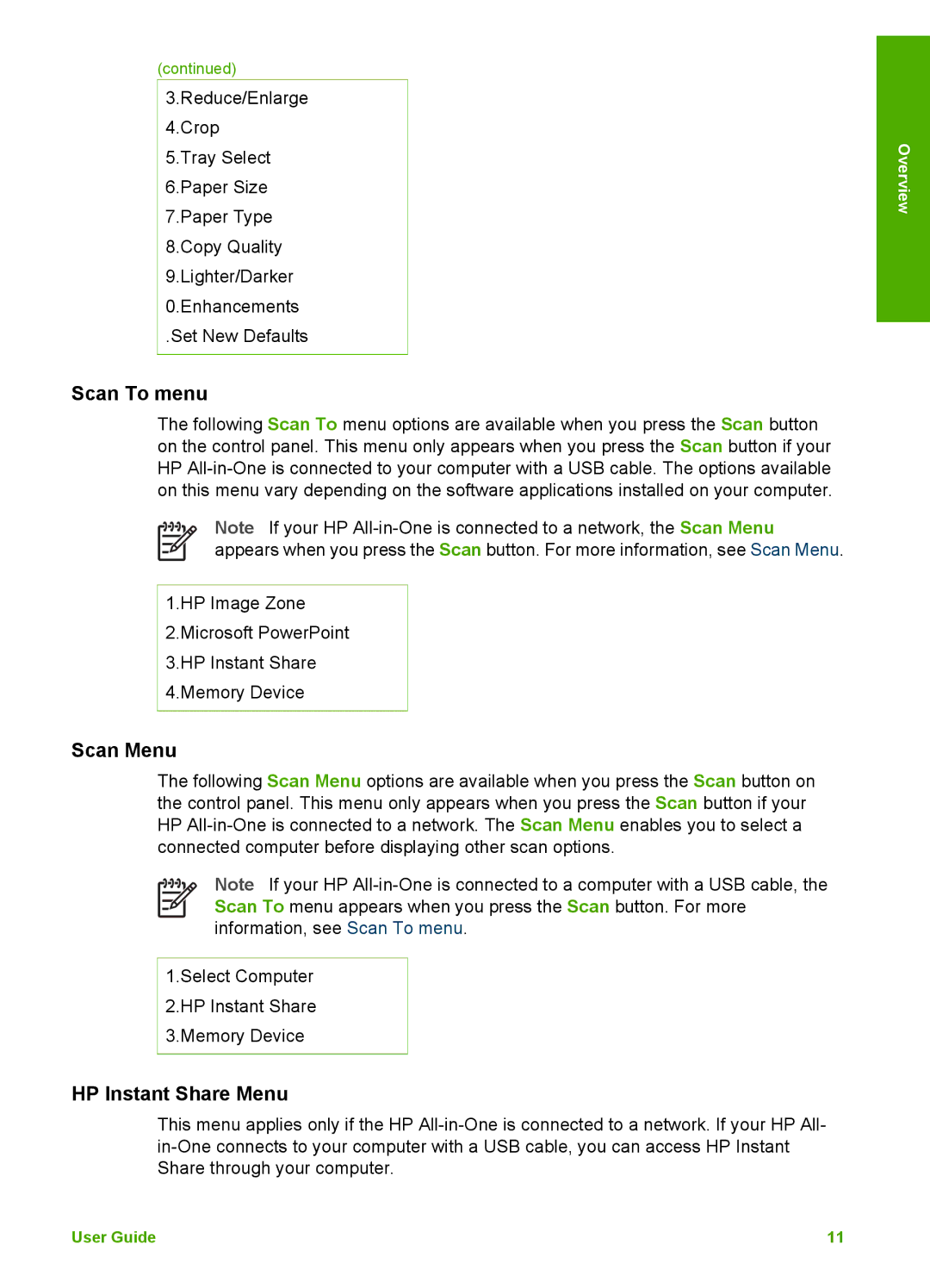 HP 3210v manual Scan To menu, Scan Menu, HP Instant Share Menu 