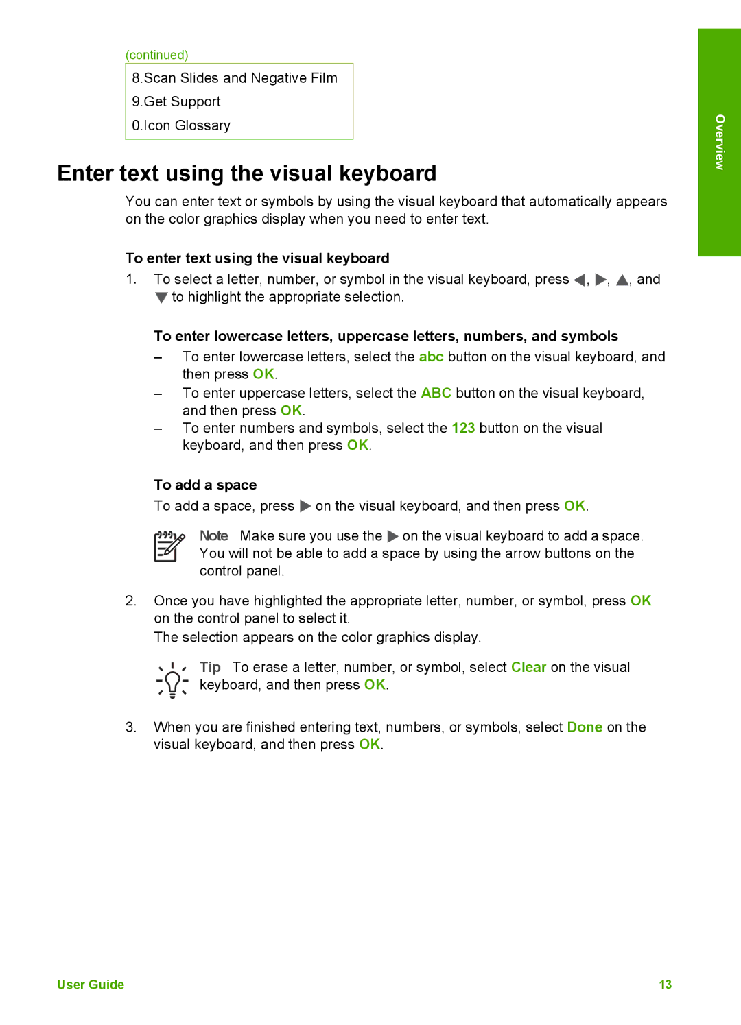 HP 3210v manual Enter text using the visual keyboard, To enter text using the visual keyboard, To add a space 