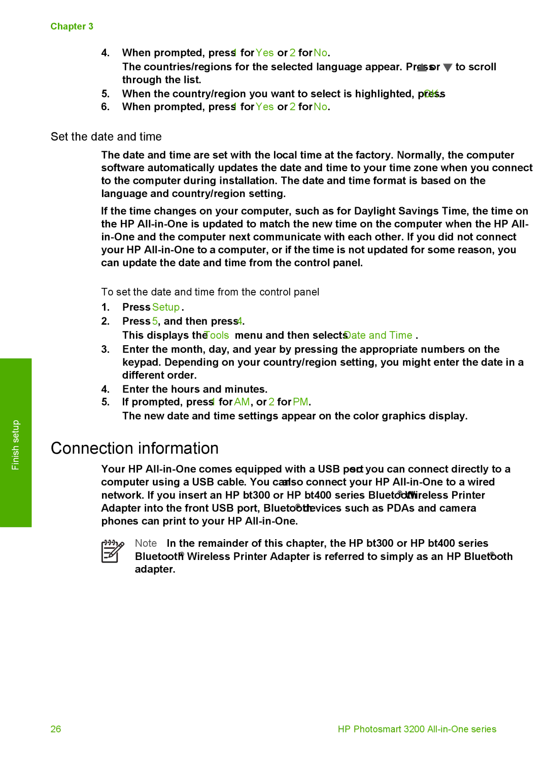 HP 3210v manual Connection information, Set the date and time, To set the date and time from the control panel 