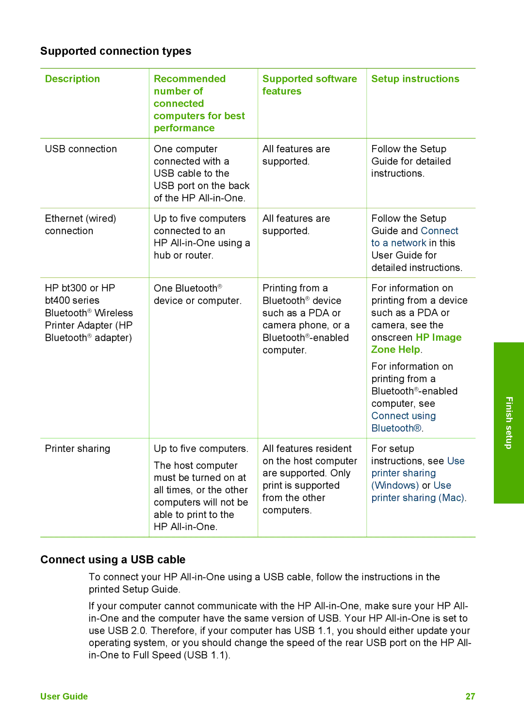 HP 3210v manual Supported connection types, Connect using a USB cable, Description Recommended, Setup instructions 