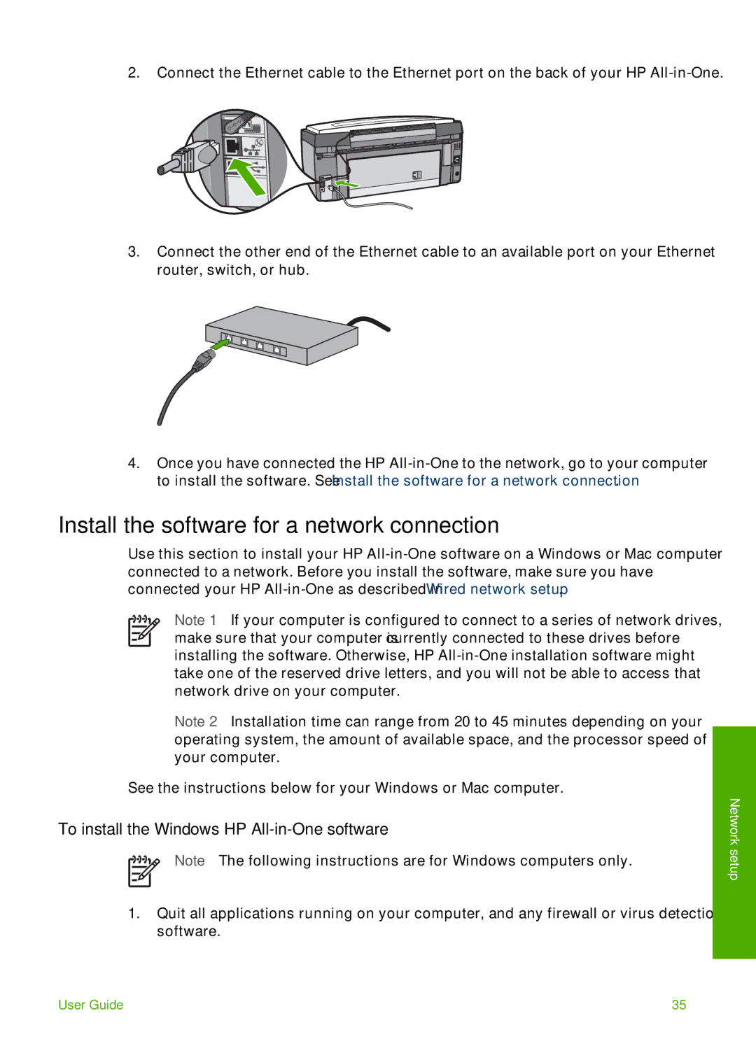 HP 3210v manual Install the software for a network connection, To install the Windows HP All-in-One software 