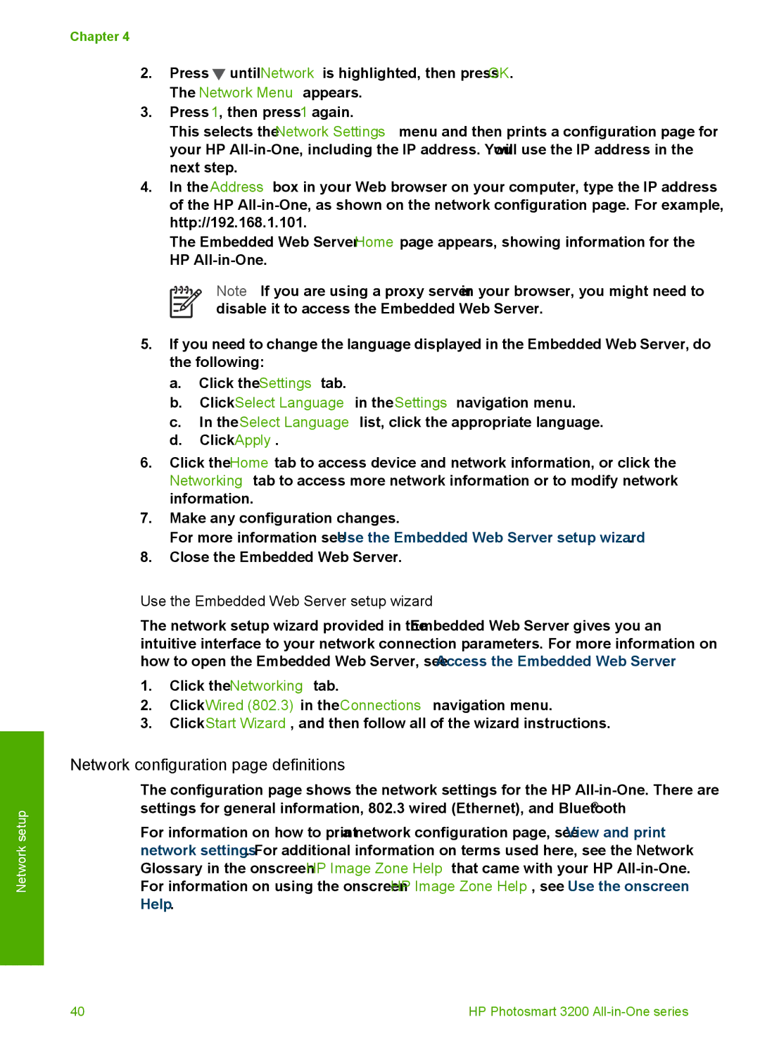 HP 3210v manual Network configuration page definitions, Use the Embedded Web Server setup wizard 