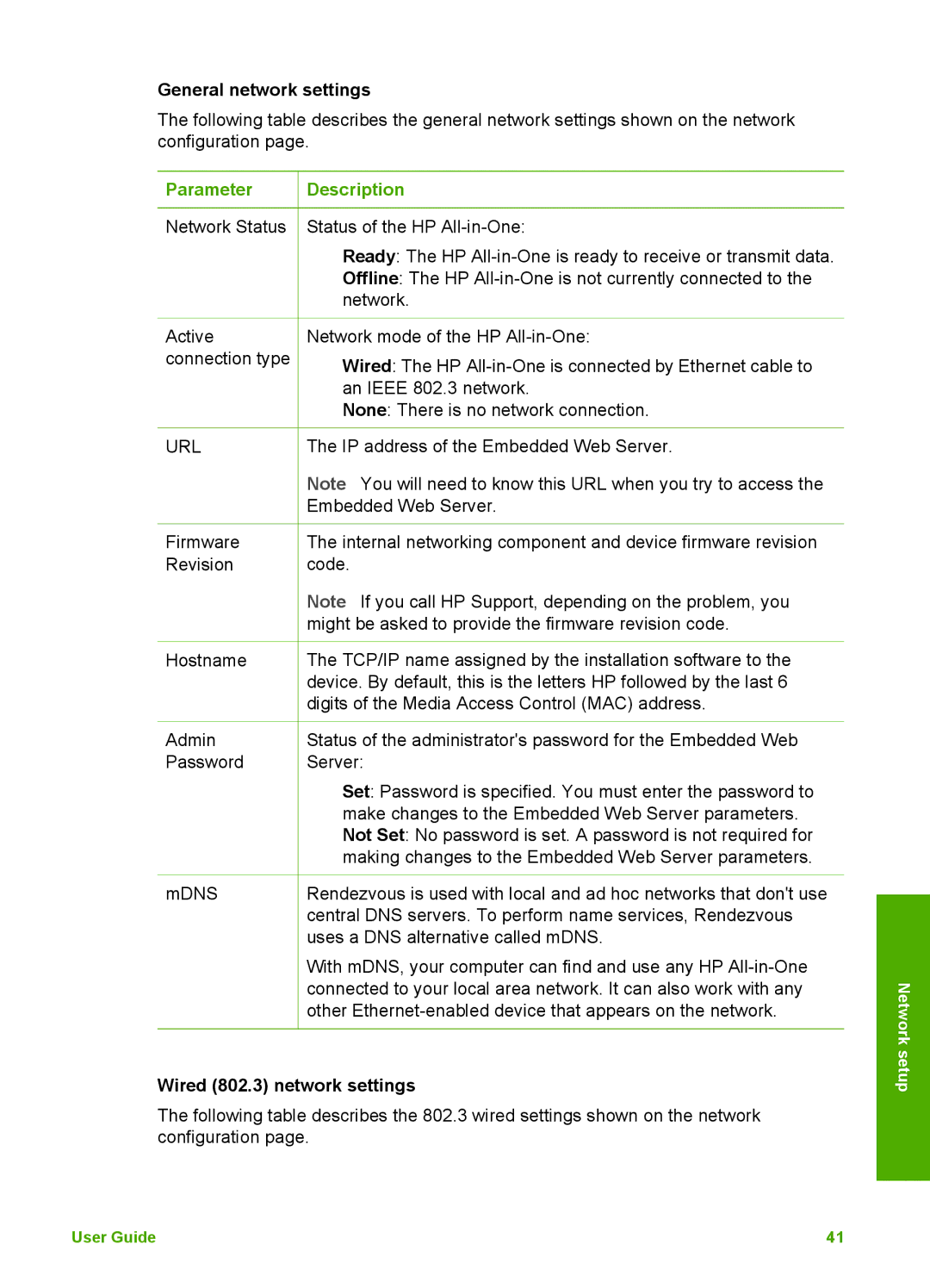 HP 3210v manual General network settings, Parameter Description, Wired 802.3 network settings 