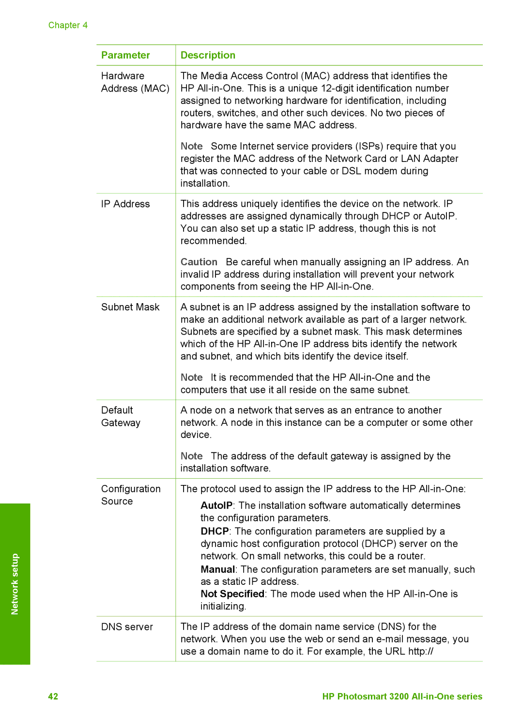 HP 3210v manual Parameter 