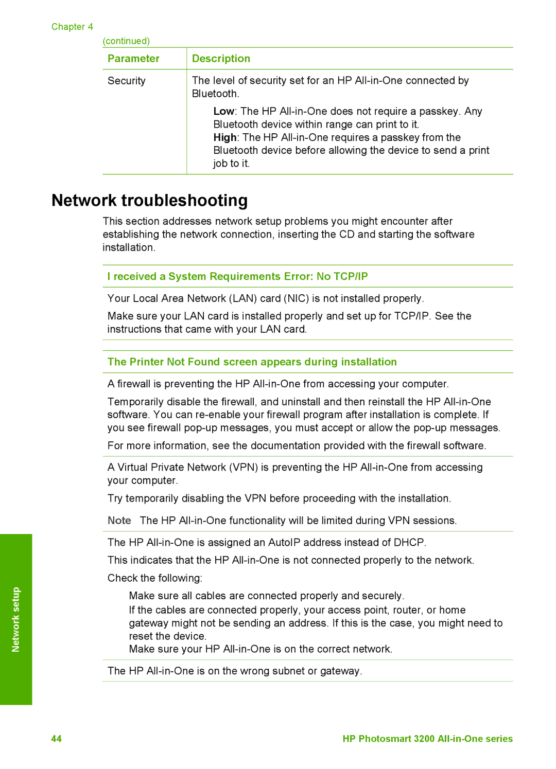 HP 3210v manual Network troubleshooting, Received a System Requirements Error No TCP/IP 