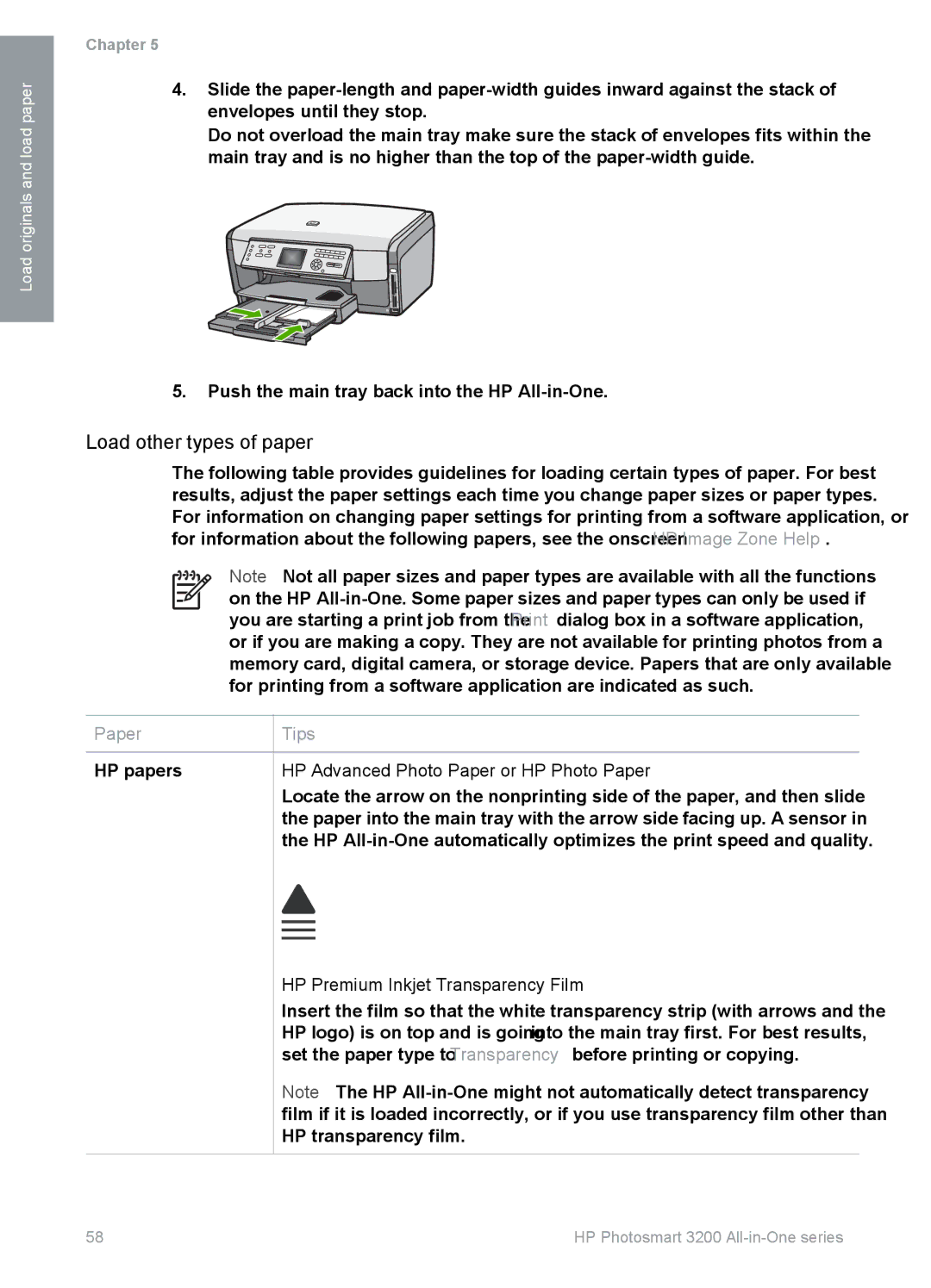 HP 3210v manual Load other types of paper, HP Premium Inkjet Transparency Film 