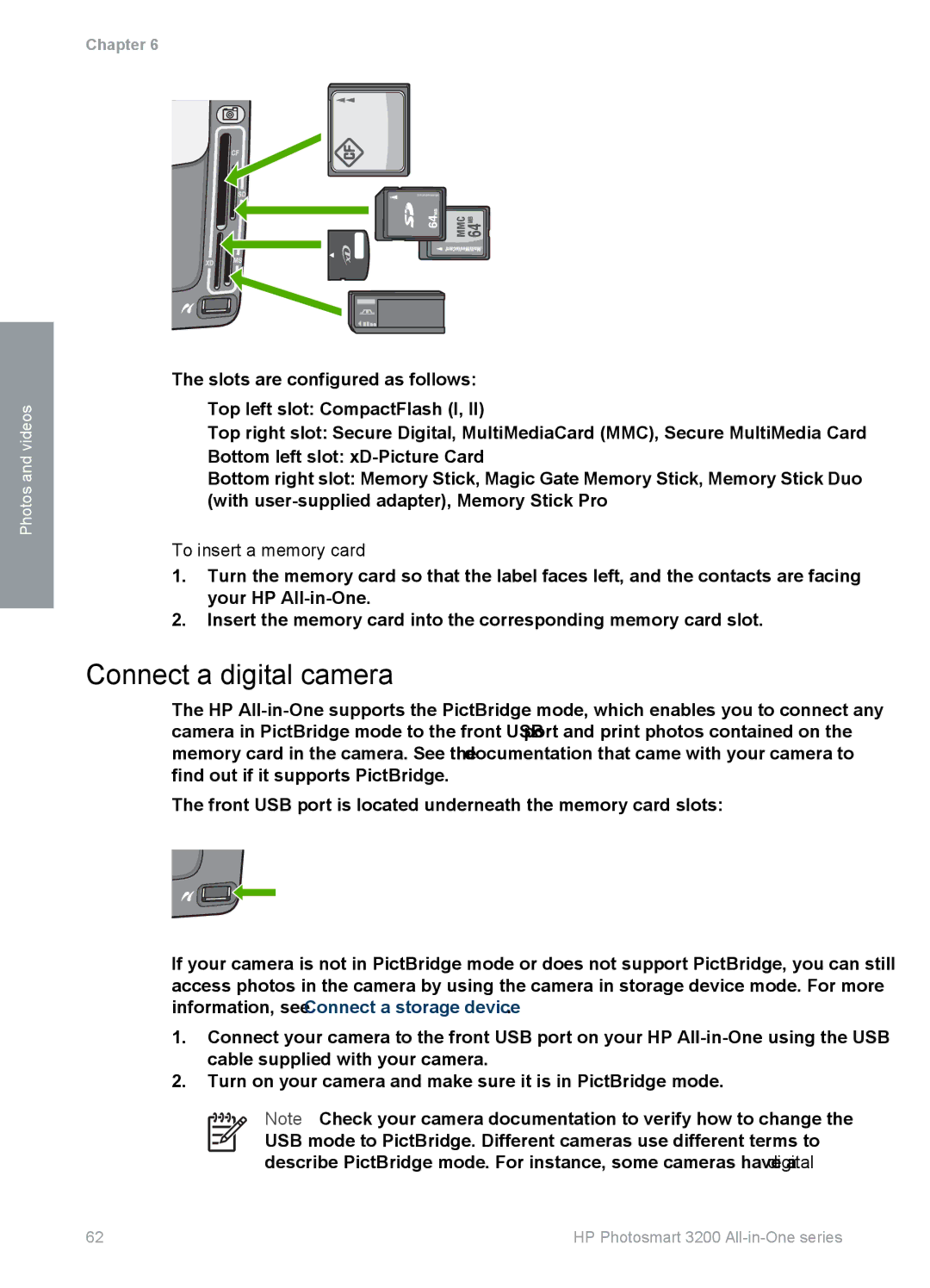 HP 3210v manual Connect a digital camera, To insert a memory card 