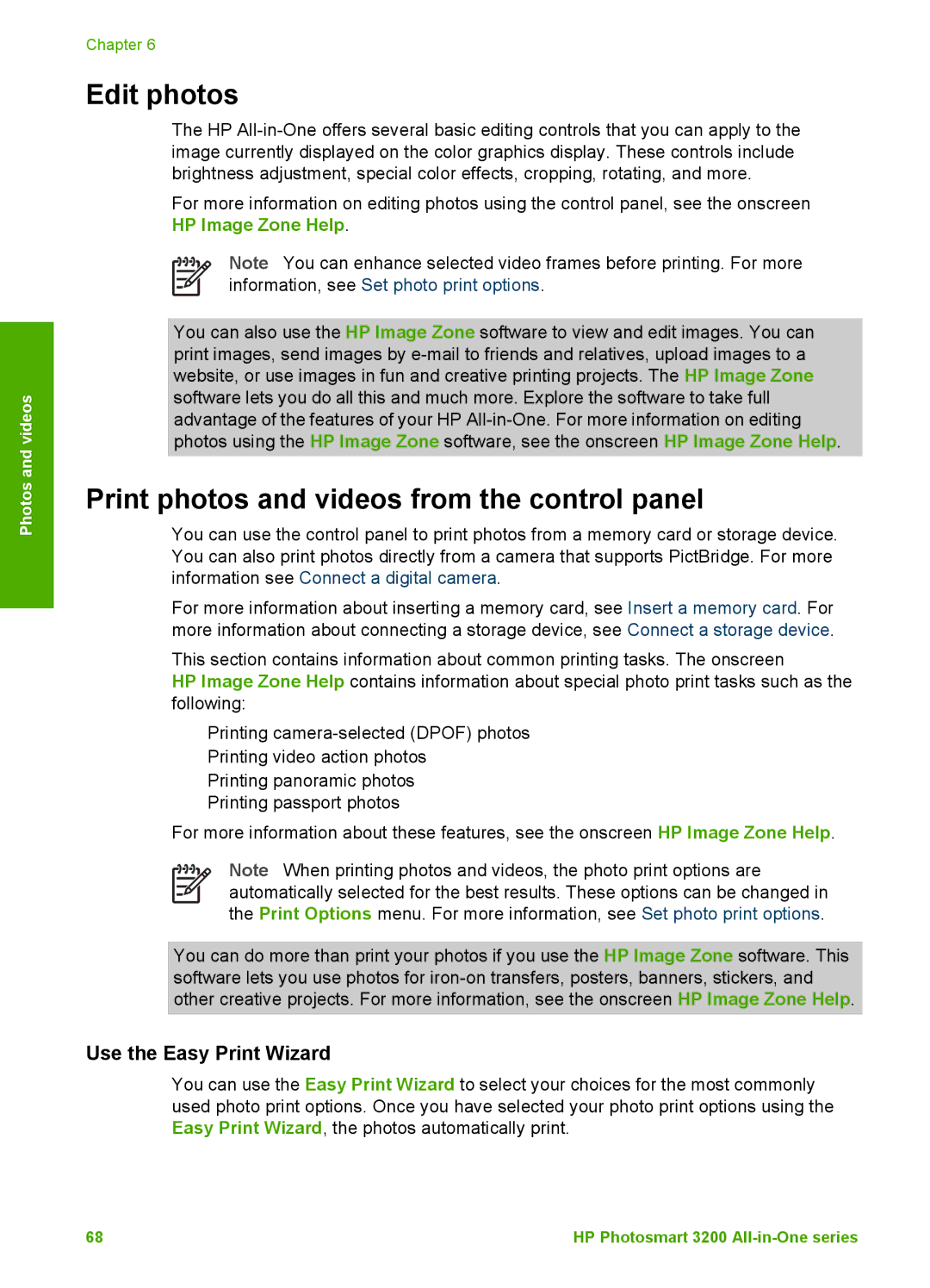 HP 3210v manual Edit photos, Print photos and videos from the control panel, Use the Easy Print Wizard 