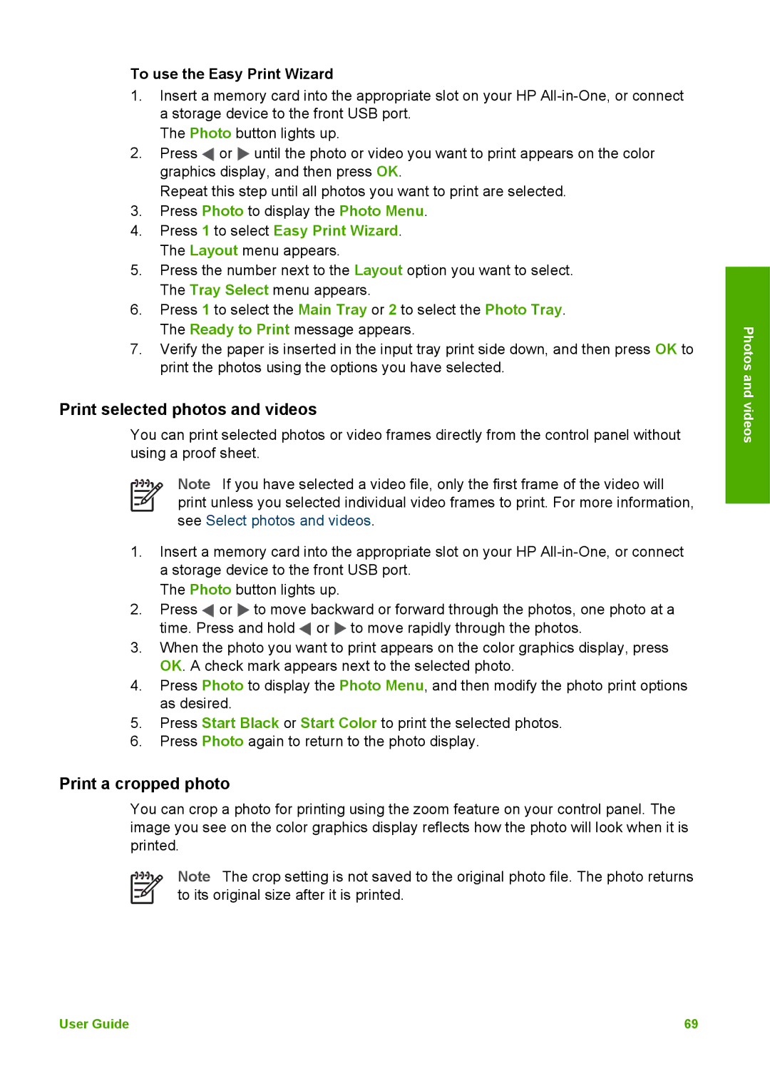 HP 3210v manual Print selected photos and videos, Print a cropped photo, To use the Easy Print Wizard 
