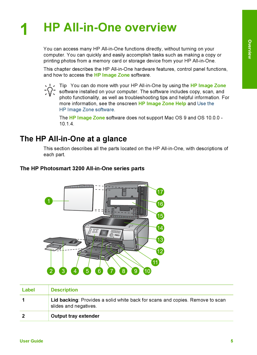 HP 3210v HP All-in-One overview, HP All-in-One at a glance, HP Photosmart 3200 All-in-One series parts, Label Description 