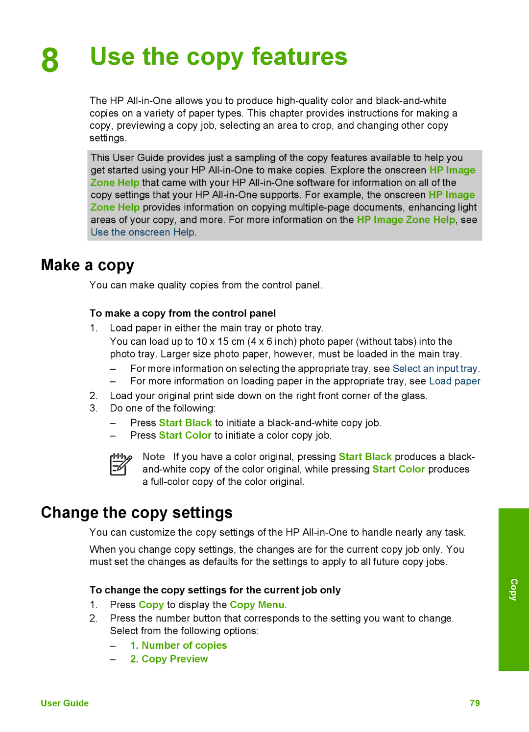 HP 3210v manual Use the copy features, Make a copy, Change the copy settings, Number of copies Copy Preview 