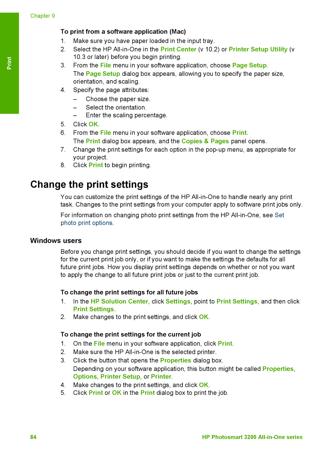 HP 3210v manual Change the print settings, Windows users, To print from a software application Mac 