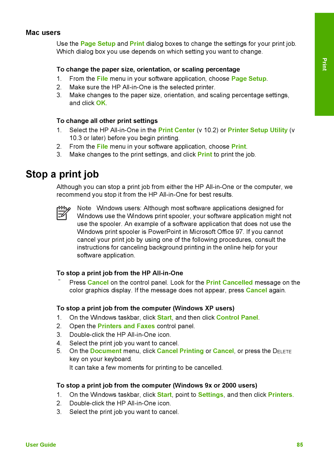 HP 3210v manual Stop a print job, Mac users, To change all other print settings, To stop a print job from the HP All-in-One 