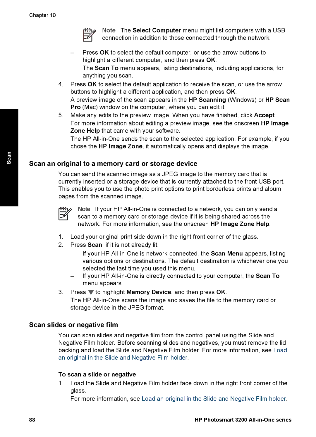 HP 3210 Scan an original to a memory card or storage device, Scan slides or negative film, To scan a slide or negative 