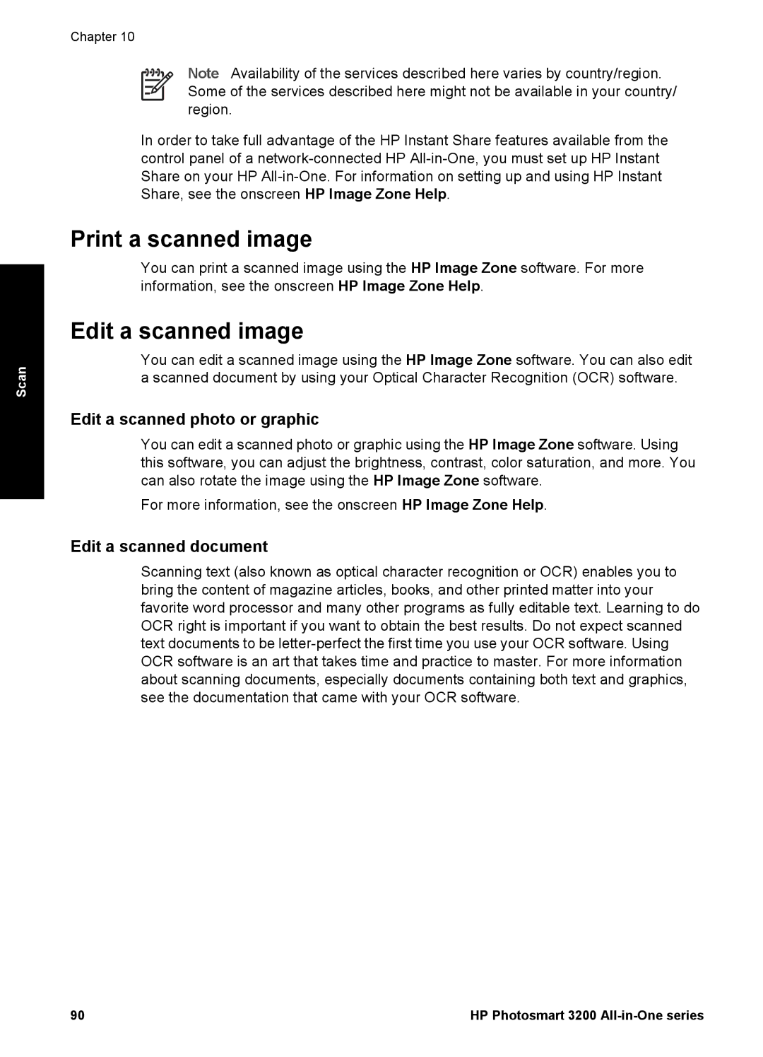 HP 3210v manual Print a scanned image, Edit a scanned image, Edit a scanned photo or graphic, Edit a scanned document 