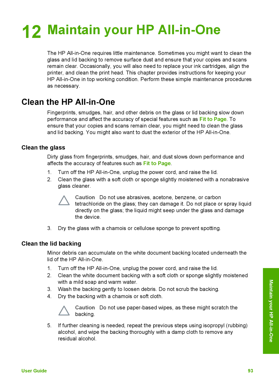 HP 3210v manual Maintain your HP All-in-One, Clean the HP All-in-One, Clean the glass, Clean the lid backing 
