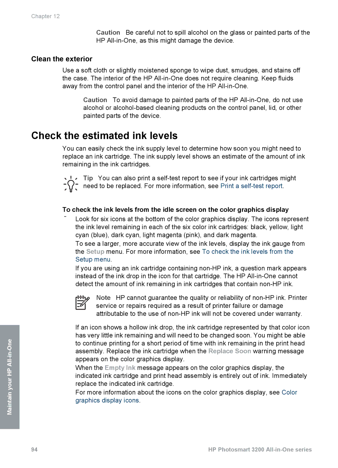 HP 3210v manual Check the estimated ink levels, Clean the exterior 