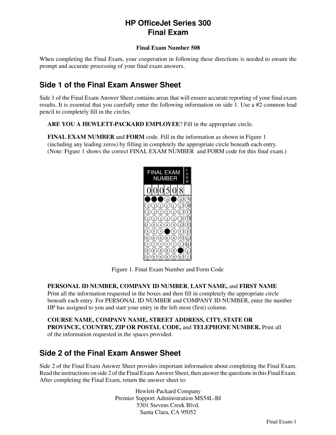 HP 350, 330 HP OfficeJet Series Final Exam, Side 1 of the Final Exam Answer Sheet, Side 2 of the Final Exam Answer Sheet 