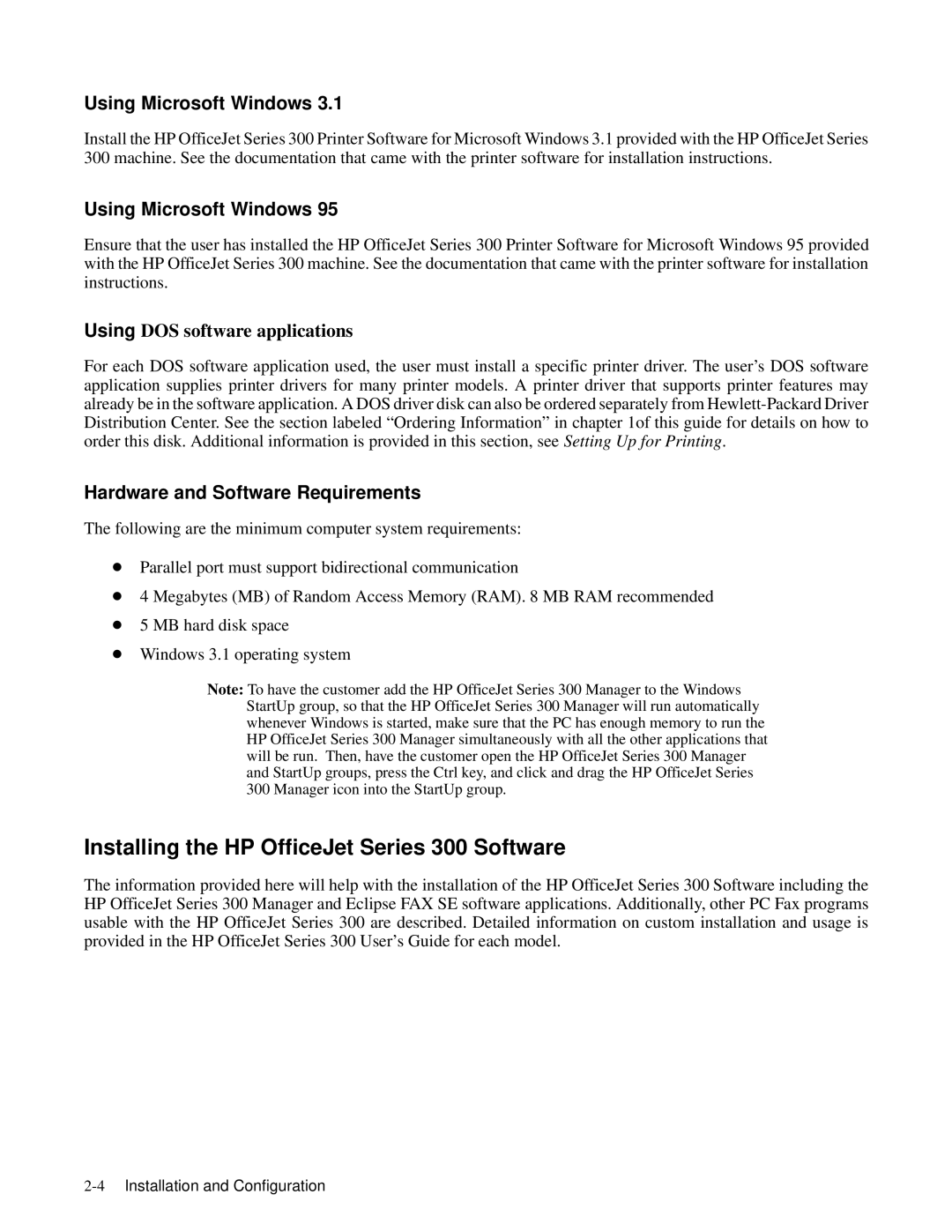 HP 350, 330 Installing the HP OfficeJet Series 300 Software, Using Microsoft Windows, Hardware and Software Requirements 