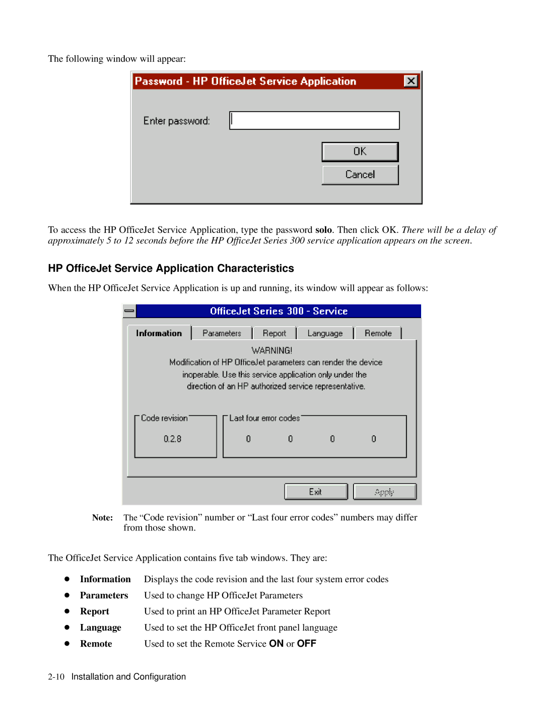 HP 350, 330 manual HP OfficeJet Service Application Characteristics 