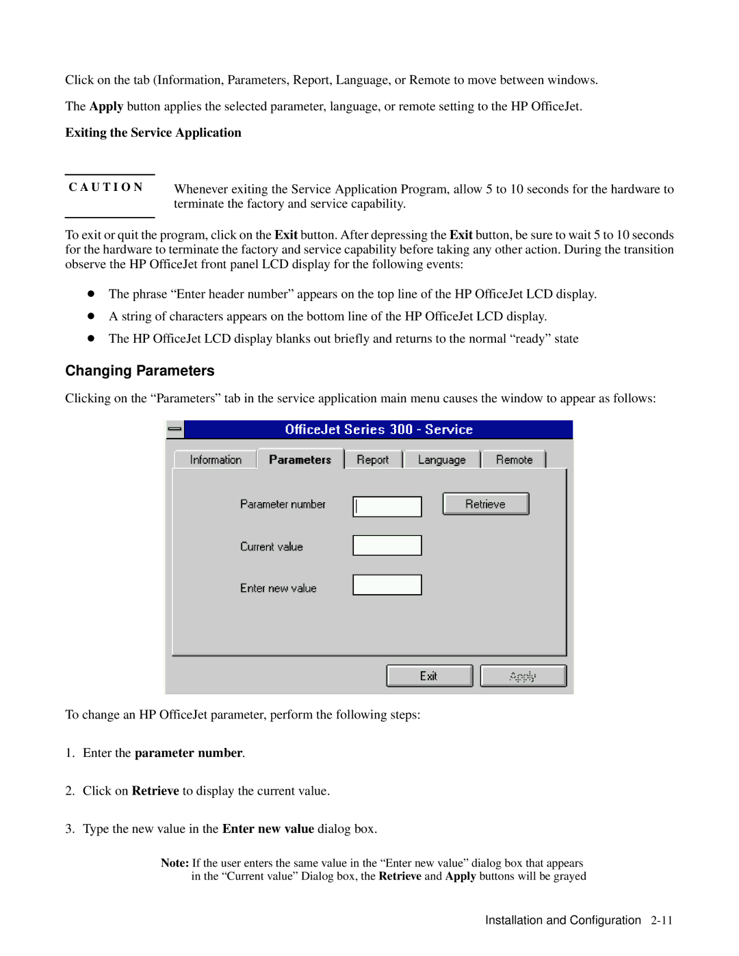 HP 330, 350 manual Changing Parameters, Exiting the Service Application, Enter theparameter number 