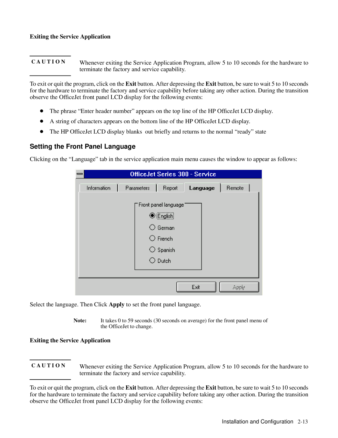 HP 330, 350 manual Setting the Front Panel Language 