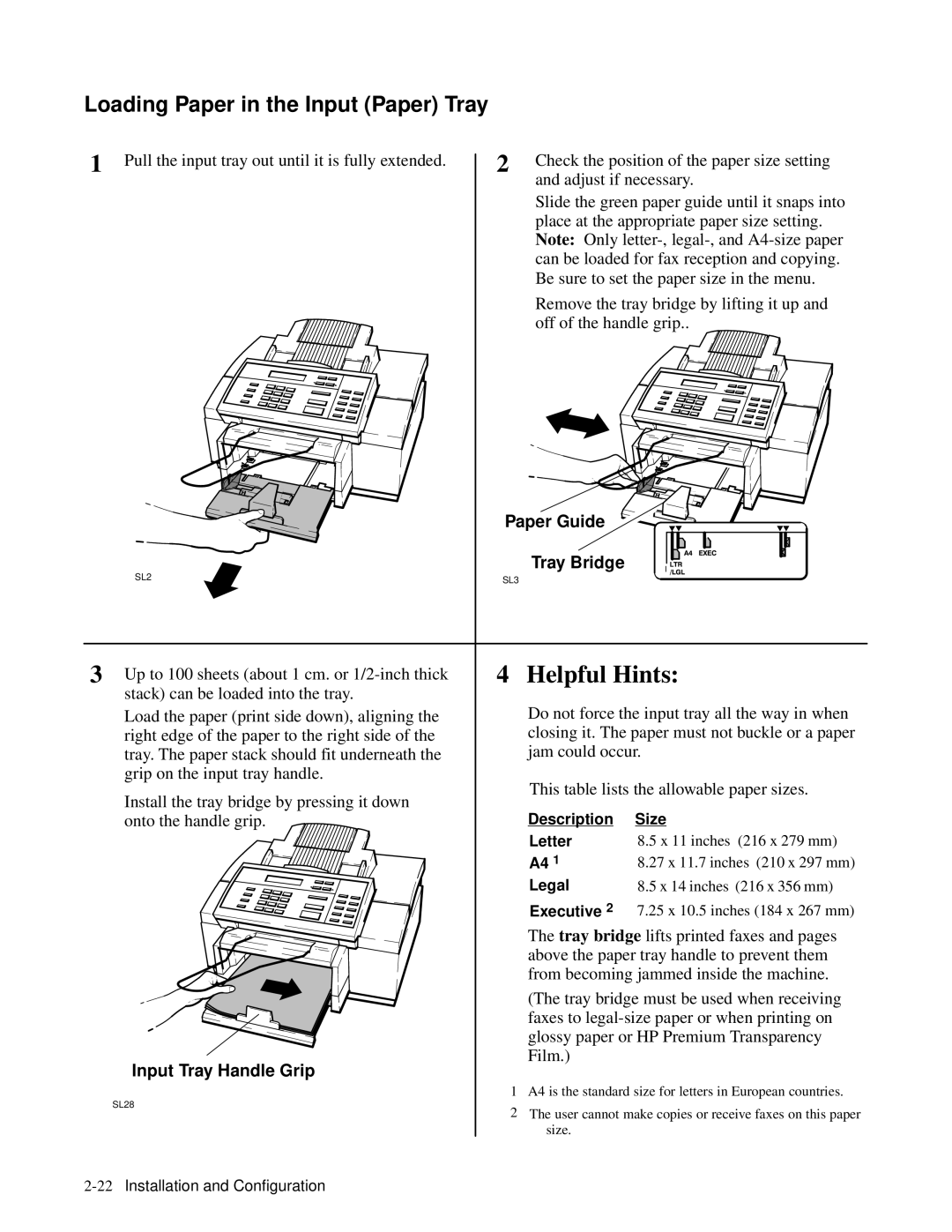 HP 350, 330 manual Loading Paper in the Input Paper Tray, Paper Guide Tray Bridge, Input Tray Handle Grip 