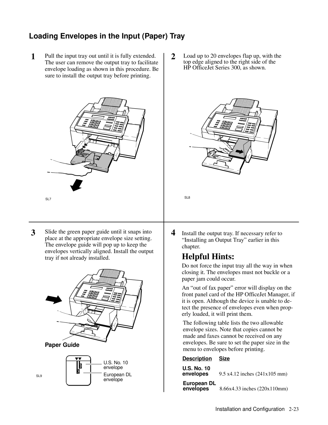 HP 330, 350 manual Loading Envelopes in the Input Paper Tray 